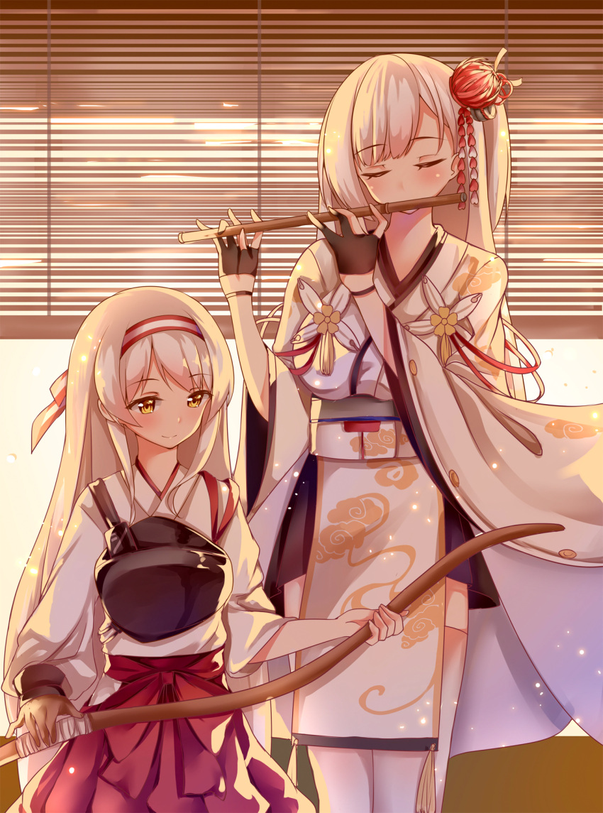 2girls azur_lane backlighting bangs black_gloves black_skirt blinds bow_(weapon) breasts brown_gloves closed_eyes closed_mouth commentary_request crossover day eyebrows_visible_through_hair flower flute gloves hair_flower hair_ornament hakama_skirt hands_up headband highres hip_vent holding holding_bow_(weapon) holding_weapon indoors instrument japanese_clothes kantai_collection kimono large_breasts long_hair long_sleeves miniskirt multiple_girls muneate music obi one_side_up partly_fingerless_gloves playing_instrument print_kimono red_skirt sash scarlet_dango short_kimono shoukaku_(azur_lane) shoukaku_(kantai_collection) single_glove skirt smile spider_lily standing tassel thigh-highs very_long_hair weapon white_hair white_kimono white_legwear wide_sleeves yellow_eyes younger zettai_ryouiki