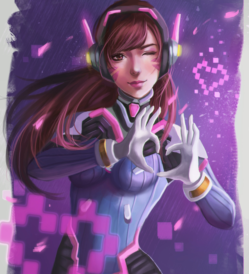 1girl absurdres arms_up bangs blue_bodysuit bodysuit breasts brown_eyes brown_hair closed_mouth commentary_request d.va_(overwatch) eyelashes facial_mark gloves headphones headset heart heart_hands high_collar highres lips long_hair looking_at_viewer medium_breasts nose one_eye_closed overwatch pilot_suit pink_facepaint pink_lips ribbed_bodysuit shiro-hane shoulder_pads skin_tight solo standing swept_bangs whisker_markings white_gloves