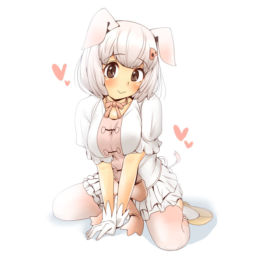 1girl animal_ears bow chabo-kun eyebrows_visible_through_hair gloves good_meat_day hair_ornament hairclip heart highres kemono_friends neck_ribbon pig_(kemono_friends) pig_ears pig_tail pink_hair pink_legwear puffy_short_sleeves puffy_sleeves ribbon short_hair short_sleeves simple_background skirt solo tail thigh-highs white_background white_gloves