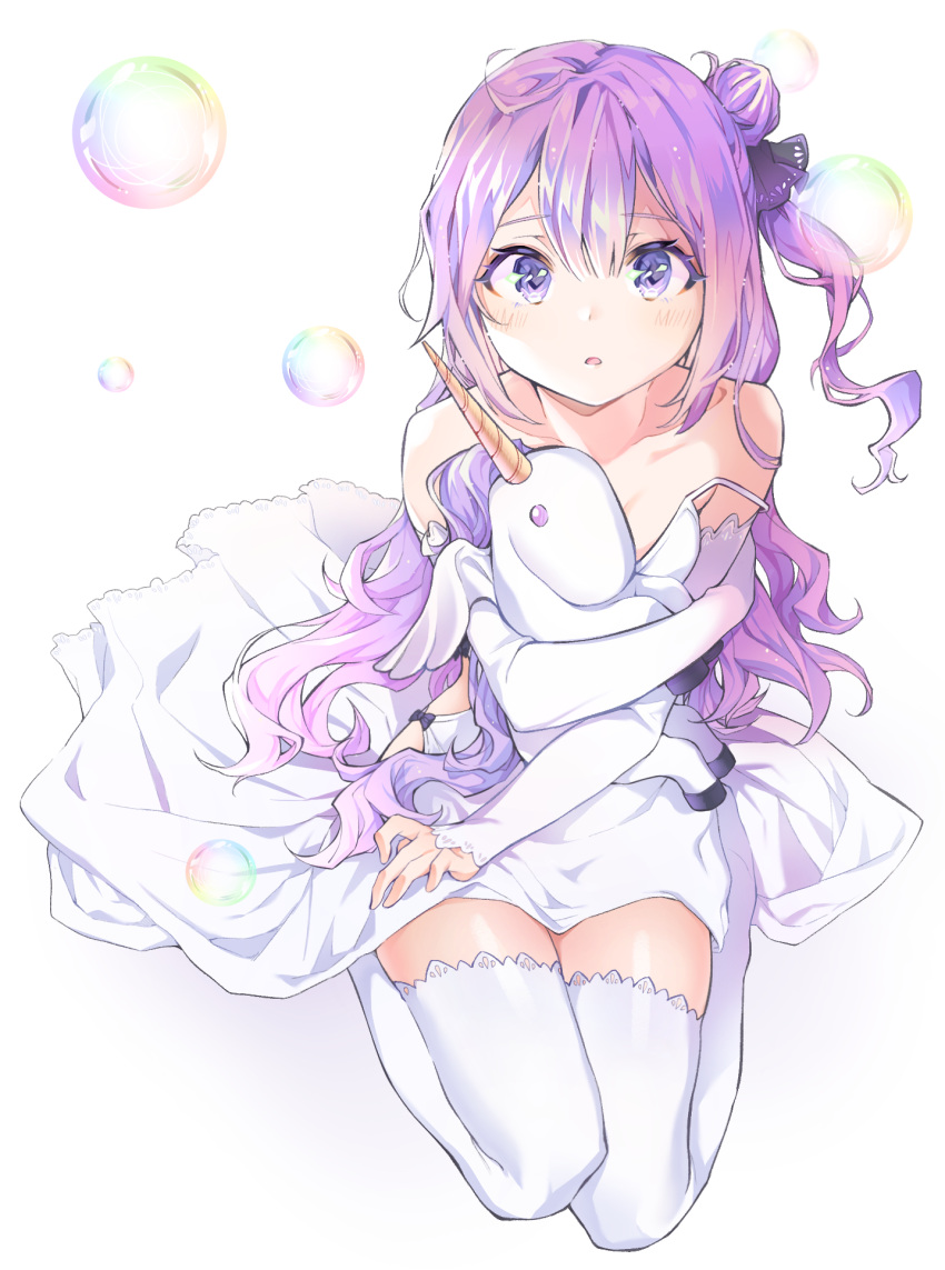 1girl azur_lane bangs bare_shoulders black_ribbon blush bubble collarbone commentary_request cpqm detached_sleeves dress eyebrows_visible_through_hair hair_between_eyes hair_bun hair_ribbon highres long_hair long_sleeves looking_at_viewer object_hug one_side_up parted_lips purple_hair ribbon side_bun sleeveless sleeveless_dress sleeves_past_wrists solo strap_slip stuffed_alicorn stuffed_animal stuffed_toy thigh-highs unicorn_(azur_lane) very_long_hair violet_eyes white_background white_dress white_legwear