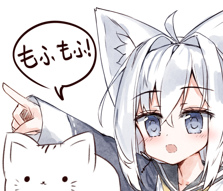 1girl ahoge animal animal_ear_fluff animal_ears bangs black_sailor_collar blue_eyes blue_jacket blush cat eyebrows_visible_through_hair fox_ears hair_between_eyes hair_intakes highres jacket long_hair long_sleeves open_mouth original outstretched_arm ping_myu_ring_(tandohark) pointing ribbon-trimmed_sleeves ribbon_trim sailor_collar shirt silver_hair simple_background sleeves_past_wrists solo tandohark translated white_background white_shirt