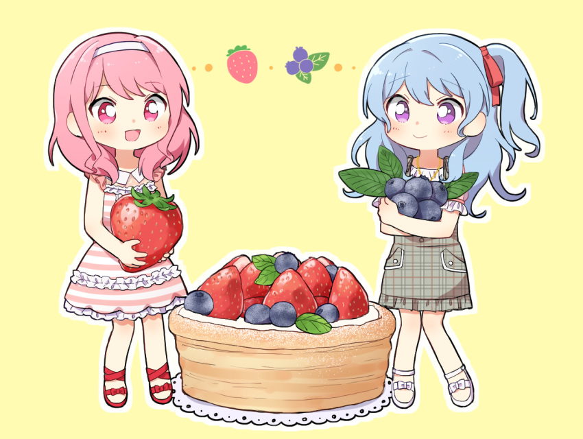 2girls :d bang_dream! bangs bd_ayknn blue_hair blueberry blush collared_dress commentary_request doily dress eyebrows_visible_through_hair food frilled_dress frilled_sleeves frills fruit full_body grey_dress hair_down hair_ribbon hairband holding holding_food holding_fruit light_blue_hair long_hair lying maruyama_aya matsubara_kanon minigirl multiple_girls on_side open_mouth outline pinafore_dress pink_eyes pink_hair plaid plaid_dress red_footwear red_ribbon ribbon short_sleeves sidelocks simple_background sleeveless sleeveless_dress smile standing strawberry striped striped_dress tart_(food) unmoving_pattern violet_eyes white_footwear white_hairband white_outline yellow_background