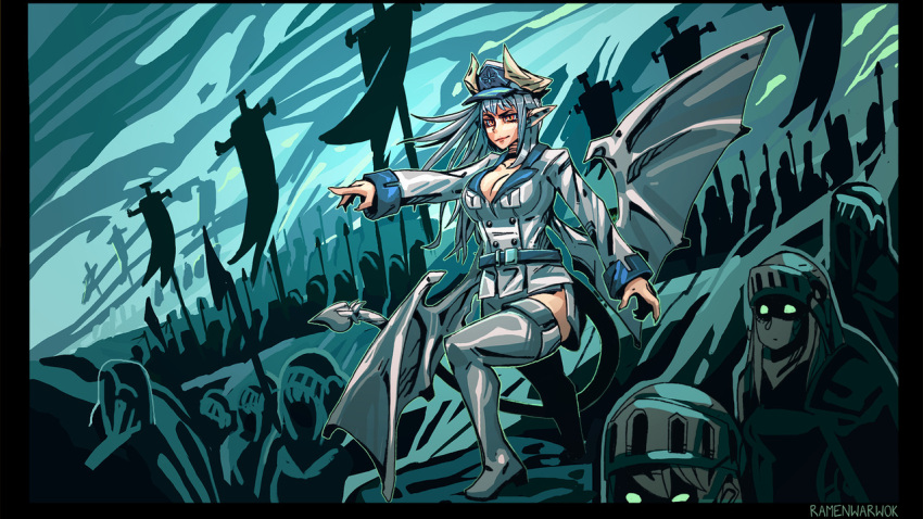 1girl army artist_name black_border blue blue_hat boots border breasts cleavage closed_mouth demon_girl demon_horns demon_tail demon_wings grey_footwear hat horns jacket large_breasts long_hair monster_girl_encyclopedia orange_eyes original peaked_cap pointing ramenwarwok signature smile solo solo_focus tail thigh-highs thigh_boots tumblr_username victoria_(lilim) white_jacket wings