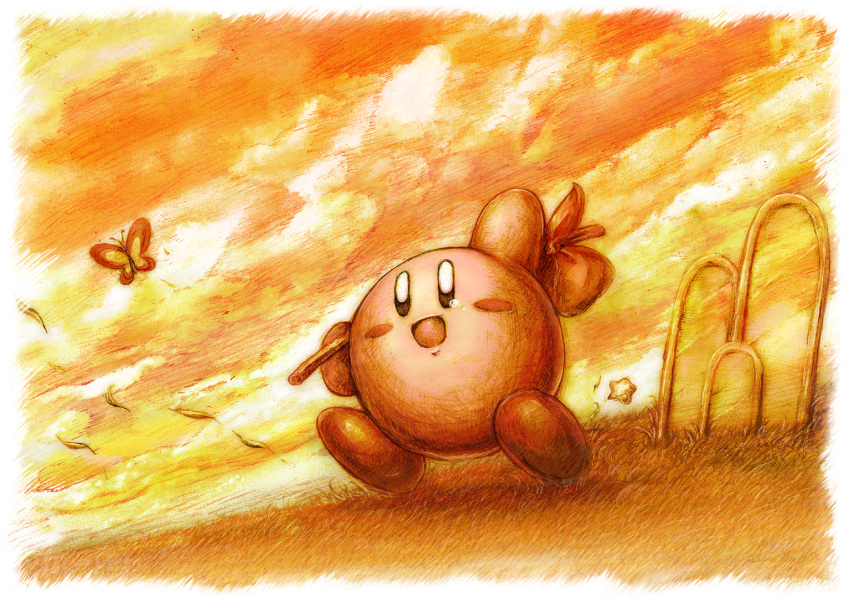 bug butterfly clouds grass insect kirby kirby:_star_allies kirby_(series) leaves_in_wind looking_at_viewer monochrome nintendo official_art open_mouth package single_tear smile solo star walking waving