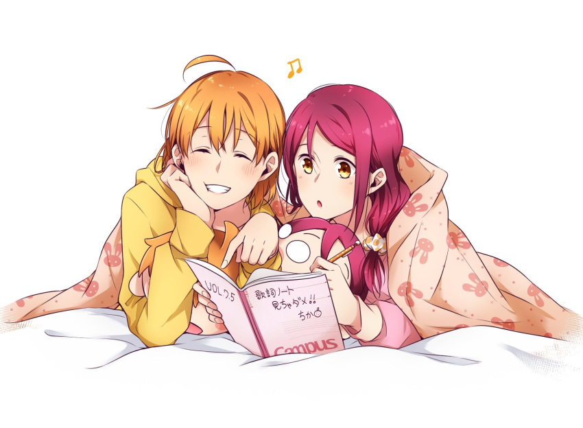 2girls ahoge book brown_hair character_doll chin_rest closed_eyes grin hair_between_eyes hair_ornament hair_over_shoulder hair_scrunchie highres holding holding_pen hood hood_down hooded_sweater kougi_hiroshi long_hair love_live! love_live!_sunshine!! lying multiple_girls musical_note on_stomach open_book pen pink_shirt polka_dot polka_dot_scrunchie redhead sakurauchi_riko scrunchie shiny shiny_hair shirt short_hair simple_background smile sweater takami_chika under_covers white_background yellow_eyes yellow_sweater