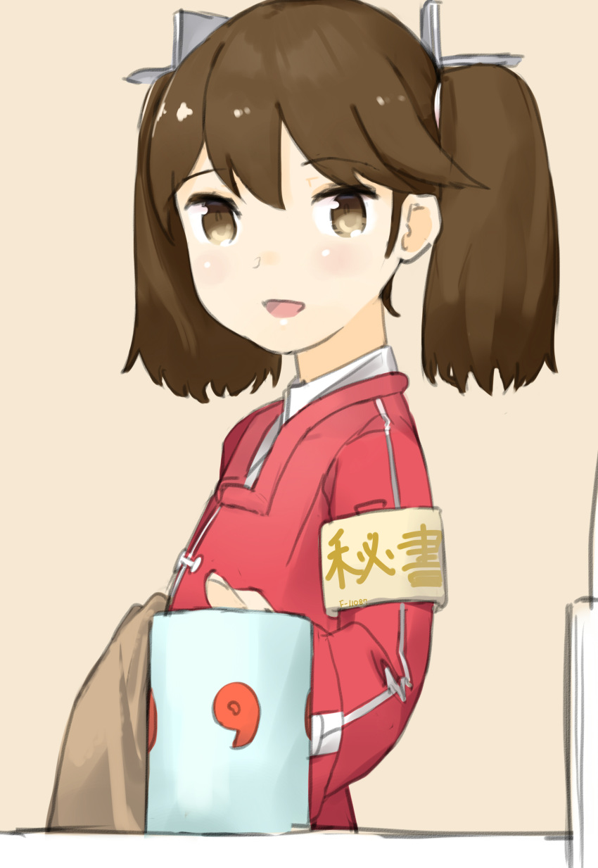 1girl :d absurdres armband bangs brown_eyes brown_hair co_botan commentary_request from_side highres kantai_collection light_blush long_sleeves looking_at_viewer looking_to_the_side medium_hair open_mouth ryuujou_(kantai_collection) short_twintails simple_background sketch slit_pupils smile solo twintails upper_body white_background