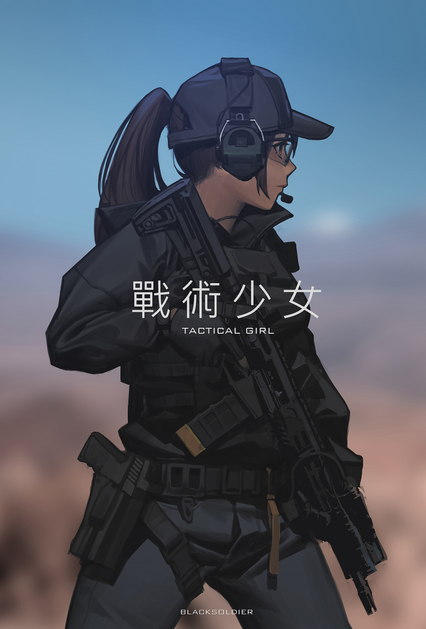 1girl absurdres baseball_cap black_gloves black_hat black_jacket black_pants black_soldier blurry blurry_background brown_hair commentary_request depth_of_field english finger_on_trigger gloves gun handgun hat headphones headset highres holding holding_gun holding_weapon jacket long_hair looking_away original pants pistol ponytail profile safety_glasses solo weapon weapon_request