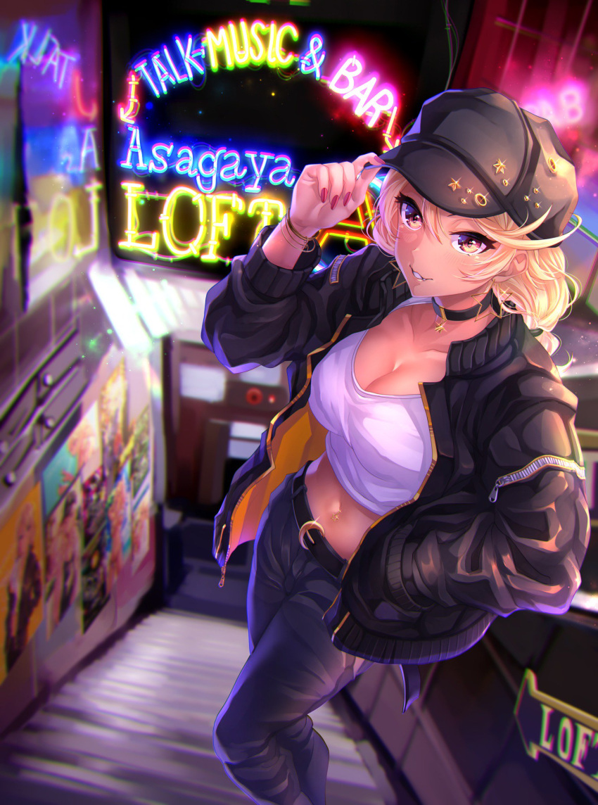 1girl amaryllis belt blonde_hair blurry blush bracelet breasts cabbie_hat choker cleavage collarbone commentary_request cropped_shirt depth_of_field fake_nails fang fang_out hand_in_pocket hat hat_tip highres jacket jewelry jpeg_artifacts large_breasts midriff navel navel_piercing neon_lights open_clothes open_jacket ouga_saki pants parted_lips piercing shirt solo tdnd-96 virtual_youtuber white_shirt