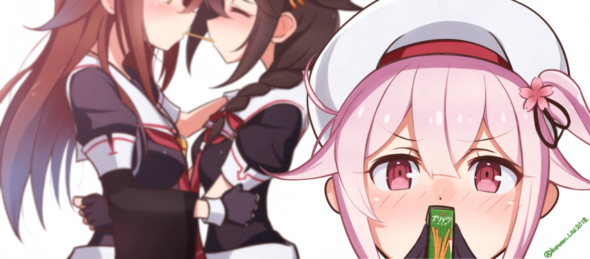 3girls beret black_serafuku blush brown_hair flower food hair_flower hair_ornament hairband harusame_(kantai_collection) hat highres kantai_collection kuroten multiple_girls pink_hair pocky pocky_kiss red_eyes school_uniform serafuku shared_food shigure_(kantai_collection) shiratsuyu_(kantai_collection) signature whistle whistle_around_neck yuri