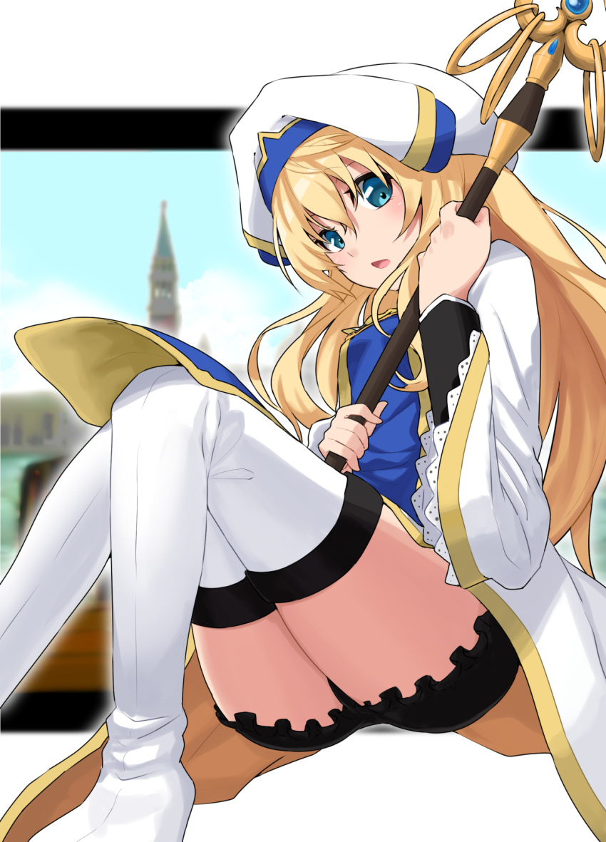 1girl blonde_hair blue_eyes blush boots dress frilled_shorts frills goblin_slayer! hat highres holding holding_staff long_hair long_sleeves looking_at_viewer open_mouth priestess_(goblin_slayer!) route1911 shorts solo staff thigh-highs thigh_boots wide_sleeves zettai_ryouiki