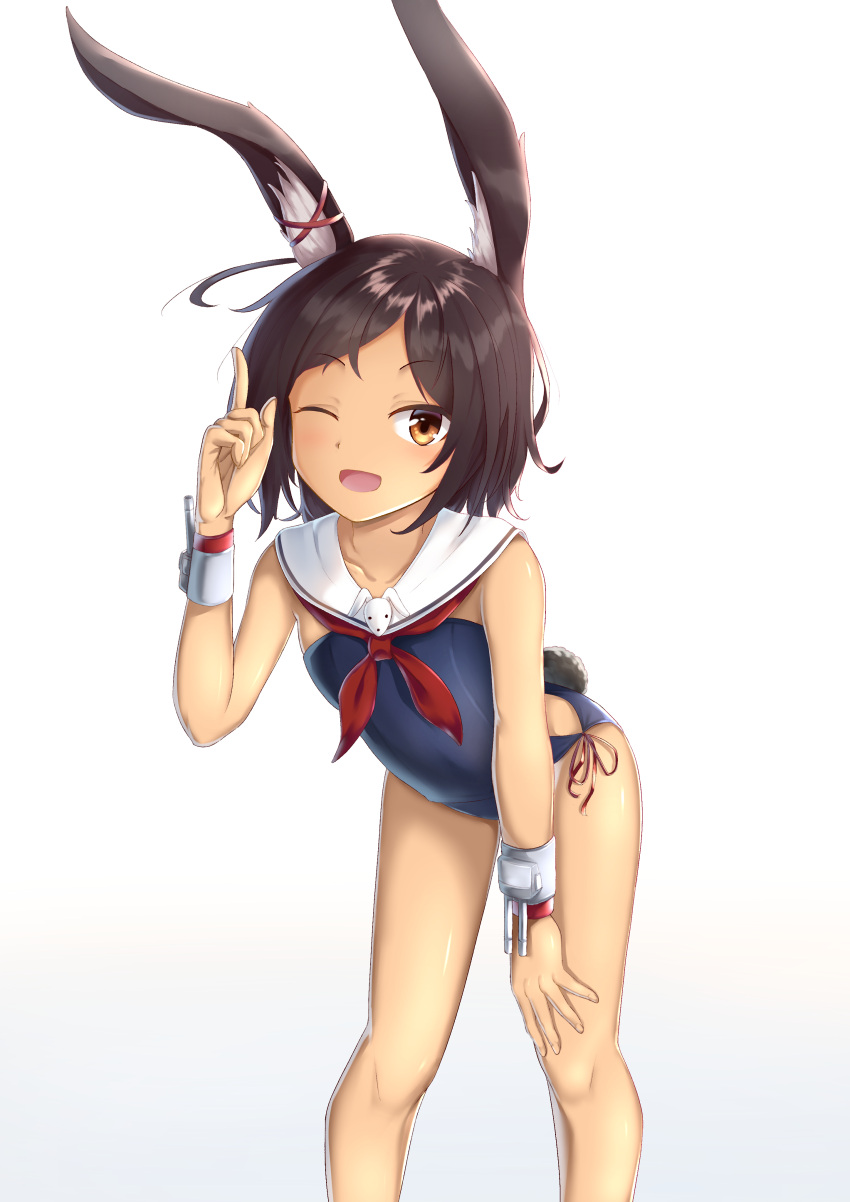 1girl absurdres animal_ears arm_up azur_lane bracer brown_eyes brown_hair bunny_tail commentary_request dark_skin detached_collar hand_on_own_thigh highres i-26_(azur_lane) index_finger_raised kimidori3_karla leaning_forward one-piece_swimsuit one_eye_closed open_mouth rabbit_ears sailor_collar short_hair simple_background smile solo strapless strapless_swimsuit swimsuit tail white_background wristband