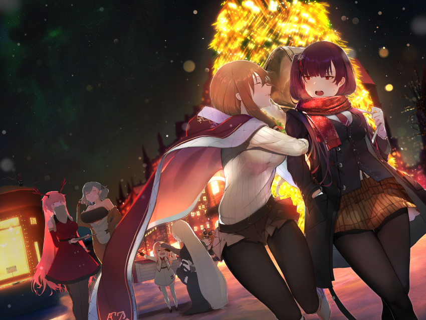 arm_hug bangs black_ribbon blush braid breasts christmas eyebrows_visible_through_hair girls_frontline gloves grizzly_mkv_(girls_frontline) hair_ornament hair_ribbon half_updo hexagram highres huge_filesize isaka_wasabi large_breasts long_hair looking_at_viewer negev_(girls_frontline) night ntw-20_(girls_frontline) one_side_up open_mouth outdoors pink_hair purple_hair red_eyes ribbon scarf side_braid silver_hair smile spas-12_(girls_frontline) star_of_david twintails very_long_hair wa2000_(girls_frontline)