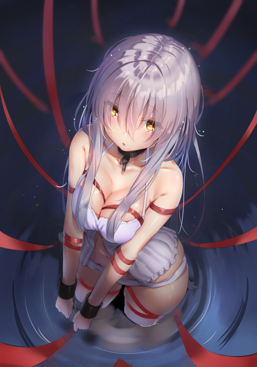 1girl :o babydoll bangs bare_shoulders black_collar breasts chains cleavage collar collarbone cuffs eyebrows_visible_through_hair eyes_visible_through_hair from_above hair_between_eyes highres long_hair looking_at_viewer medium_breasts navel original panties perspective red_ribbon reinama ribbon ripples shackles silver_hair solo standing tsurime underwear wading water wet wet_hair white_panties yellow_eyes