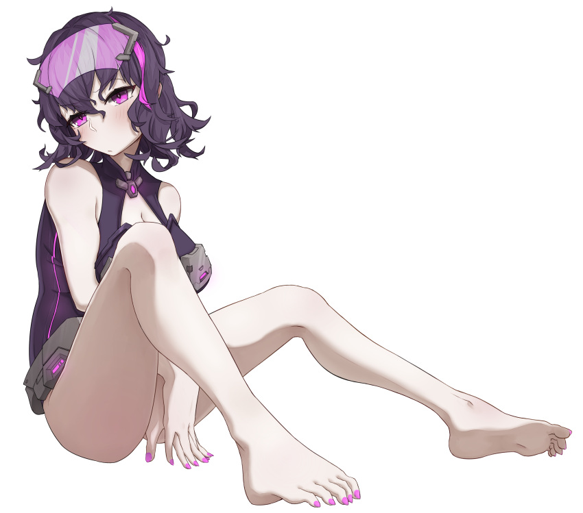 1girl absurdres arm_under_breasts bare_shoulders barefoot between_legs blush breasts cleavage cleavage_cutout closed_mouth eyewear_on_head feet from_side frown full_body girls_frontline hand_between_legs hands_together highres large_breasts leotard lights looking_at_viewer medium_hair multicolored_hair nail_polish pink_hair purple_hair ripper_(girls_frontline) rlin sangvis_ferri simple_background sitting sleeveless solo streaked_hair violet_eyes white_background