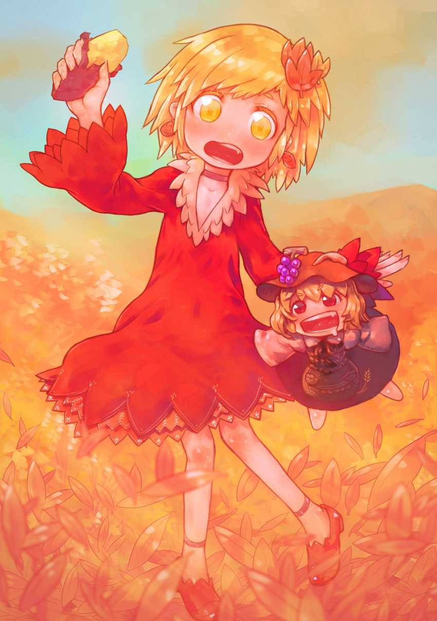 2girls absurdres aki_minoriko aki_shizuha apron arm_up autumn blonde_hair chibi choker dress drooling earrings food fruit gradient_sky grapes hair_ornament hat head_tilt highres holding jewelry leaf leaf_hair_ornament long_sleeves mob_cap multiple_girls open_mouth outdoors red_dress red_eyes red_footwear red_hat shirt shoes short_dress short_hair skirt sky sleeves_past_fingers sleeves_past_wrists sweet_potato touhou white_shirt yellow_eyes yst