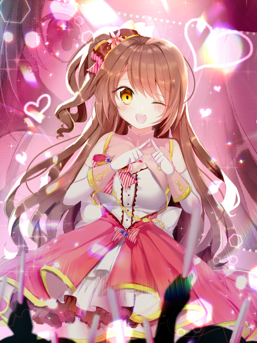 1girl ;d bangs bare_shoulders blush bow breasts brown_hair commentary_request crowd curly_hair dress elbow_gloves eyebrows_visible_through_hair fingers_together flower glint gloves glowstick hair_bow hair_flower hair_ornament heart highres idolmaster idolmaster_cinderella_girls index_finger_raised large_breasts layered_dress light_particles long_hair looking_at_viewer miyo_(user_zdsp7735) one_eye_closed one_side_up open_mouth pink_bow shimamura_uzuki silhouette smile solo stage_lights standing striped striped_bow upper_teeth white_bow white_dress white_gloves wrist_cuffs yellow_eyes zoom_layer