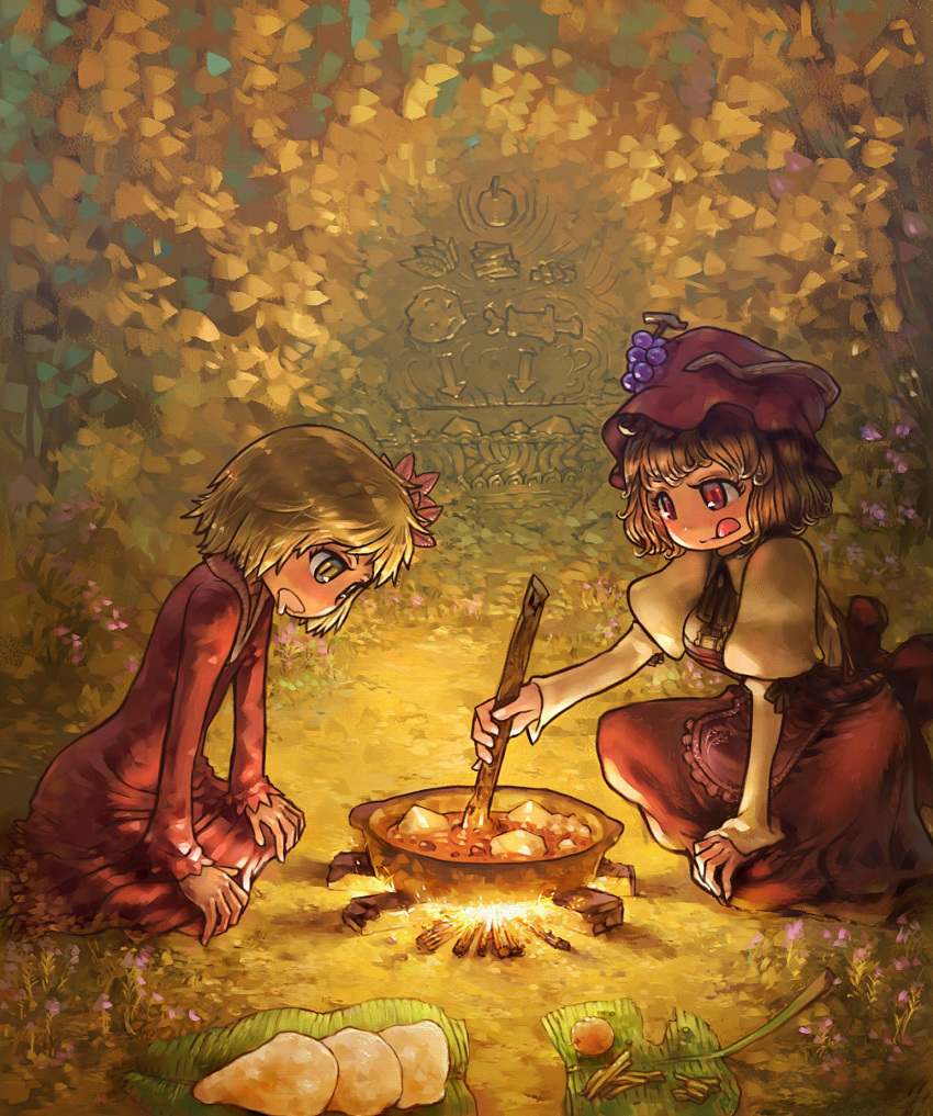 2girls :q aki_minoriko aki_shizuha apron bangs blonde_hair boned_meat closed_mouth cooking directional_arrow dress drooling fire flower food fruit grapes hair_ornament hat highres juliet_sleeves leaf leaf_hair_ornament licking_lips long_sleeves looking_down meat mob_cap multiple_girls nature open_mouth outdoors pot puffy_sleeves purple_flower red_dress red_hat red_skirt short_hair siblings sisters sitting skirt stick tongue tongue_out touhou yellow_eyes yst