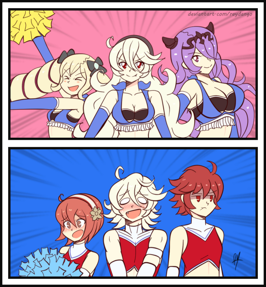 arm_up armpits blue_cape blush breasts camilla_(fire_emblem_if) cape cheerleader crop_top elise_(fire_emblem_if) female_my_unit_(fire_emblem_if) fire_emblem fire_emblem_if hair_over_one_eye hairband highres hinoka_(fire_emblem_if) long_hair male_my_unit_(fire_emblem_if) mamkute midriff multiple_girls my_unit_(fire_emblem_if) nintendo open_mouth pointy_ears pom_poms purple_hair raydango red_eyes redhead sakura_(fire_emblem_if) short_hair siblings sisters sleeveless smile violet_eyes