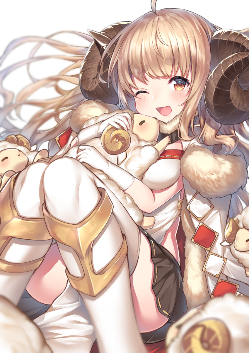 1girl ahoge anila_(granblue_fantasy) bangs black_skirt blurry_foreground blush breasts brown_eyes brown_hair curled_horns detached_collar eyebrows_visible_through_hair floating_hair fur_trim gloves granblue_fantasy highres horns hug knees_together_feet_apart long_hair looking_at_viewer medium_breasts miniskirt one_eye_closed open_mouth pleated_skirt ribbon-trimmed_skirt ribbon_trim sheep sheep_horns short_eyebrows simple_background skirt smile solo thick_eyebrows thigh-highs topia white_background white_gloves white_legwear