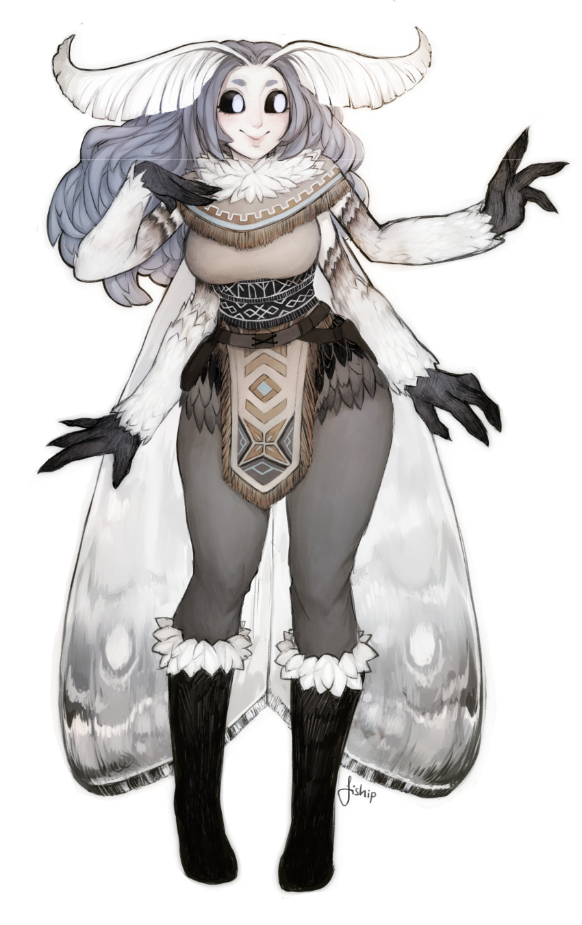 1girl absurdres antennae artist_name black_footwear black_sclera boots capelet full_body fur fur-trimmed_boots fur_collar fur_trim grey_hair hand_on_own_chest highres knee_boots long_hair looking_to_the_side matilda_vin monster_girl moth_girl moth_wings mother_lumi multiple_arms no_pupils original pelvic_curtain simple_background smile solo white_background wings
