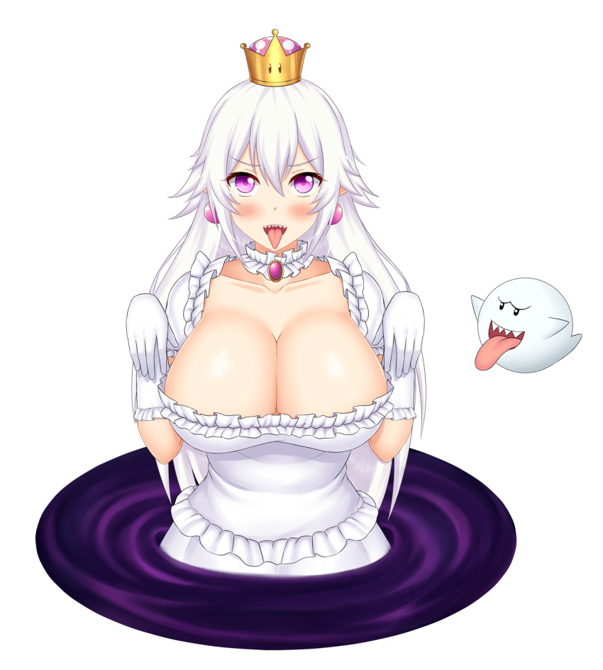 1girl :d blush boo breasts brooch cleavage collarbone commentary crown dress earrings english_commentary eyebrows_visible_through_hair frilled_dress frilled_gloves frills ghost_pose gloves hair_between_eyes hands_up highres huge_breasts jewelry keshigomu long_hair looking_at_viewer luigi's_mansion super_mario_bros. new_super_mario_bros._u_deluxe nintendo open_mouth princess_king_boo sharp_teeth simple_background smile super_crown teeth tongue tongue_out violet_eyes white_background white_dress white_gloves white_hair