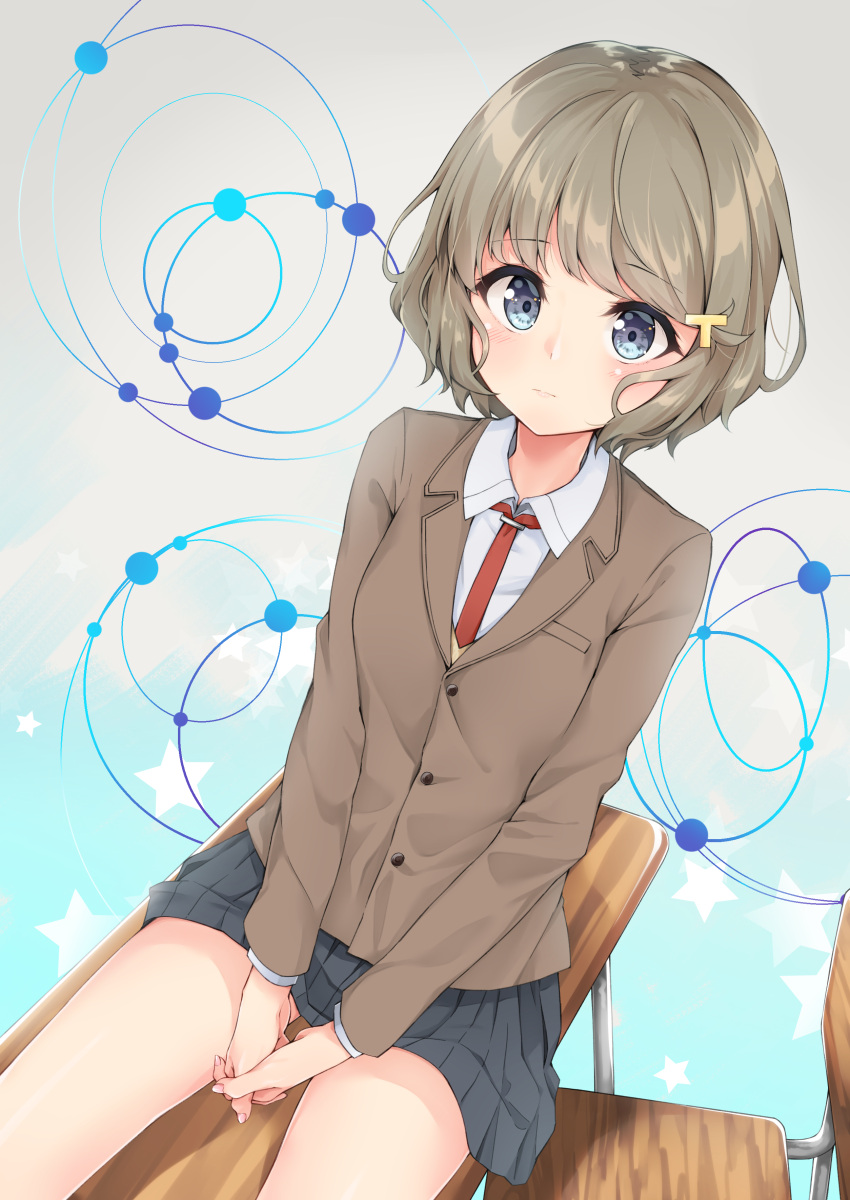 1girl absurdres blazer blue_background blue_eyes brown_hair brown_jacket chair cowboy_shot desk eyebrows_visible_through_hair gradient gradient_background grey_background grey_skirt hair_ornament hairclip hands_clasped highres hijouguti jacket koga_tomoe looking_at_viewer necktie own_hands_together pleated_skirt red_neckwear school_desk school_uniform seishun_buta_yarou short_hair sitting skirt solo