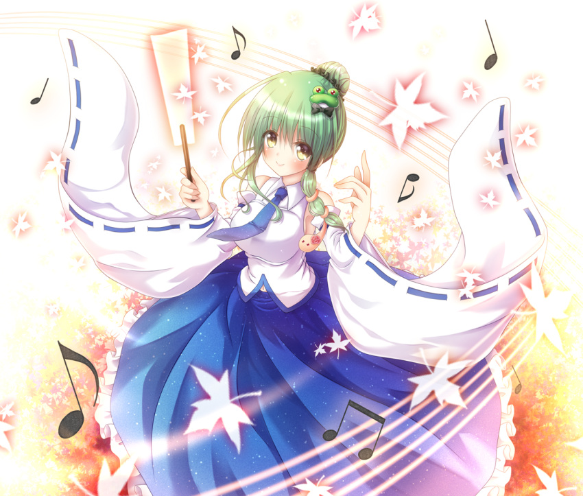 1girl alternate_hairstyle bare_shoulders black_scrunchie blue_neckwear blue_skirt commentary_request detached_sleeves eyebrows_visible_through_hair eyes_visible_through_hair frilled_skirt frills frog_hair_ornament gohei green_hair hair_bun hair_ornament hair_scrunchie kochiya_sanae leaf long_hair long_skirt looking_at_viewer maple_leaf musical_note navel necktie osashin_(osada) ribbon-trimmed_sleeves ribbon_trim scrunchie shirt skirt sleeveless sleeveless_shirt smile snake_hair_ornament solo touhou white_shirt wide_sleeves wing_collar yellow_eyes