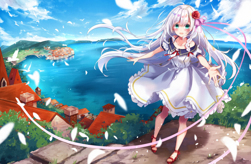 1girl :d ahoge animal_ears aqua_eyes bangs bare_shoulders bird blue_sky blurry_foreground blush braid breasts building chimney clouds cloudy_sky collarbone commentary_request day dove dress eyebrows_visible_through_hair feathers flower frilled_dress frills hair_flower hair_ornament hair_ribbon highres horizon kisaragi_yuri legs_apart long_hair looking_at_viewer mountain neck_ribbon ocean off_shoulder open_mouth original outdoors outstretched_hand pink_ribbon red_flower red_footwear red_neckwear ribbon rose scenery short_sleeves sidelocks sky small_breasts smile solo standing town very_long_hair water white_dress white_hair