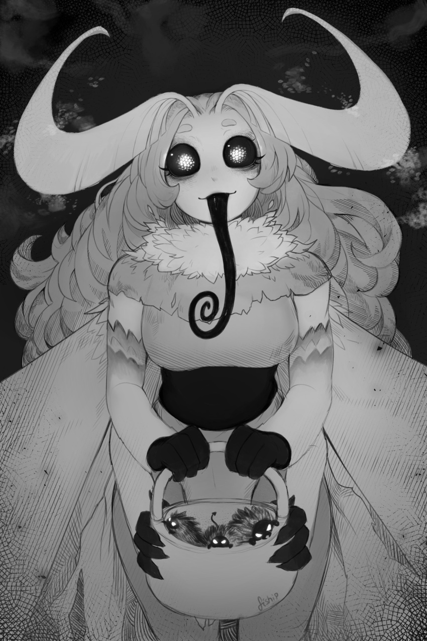 1girl antennae artist_name basket black_tongue bug commentary curly_hair english_commentary fur_collar greyscale halloween highres insect long_hair long_tongue looking_at_viewer matilda_vin monochrome monster_girl moth moth_girl mother_lumi multiple_arms original smile solo tongue