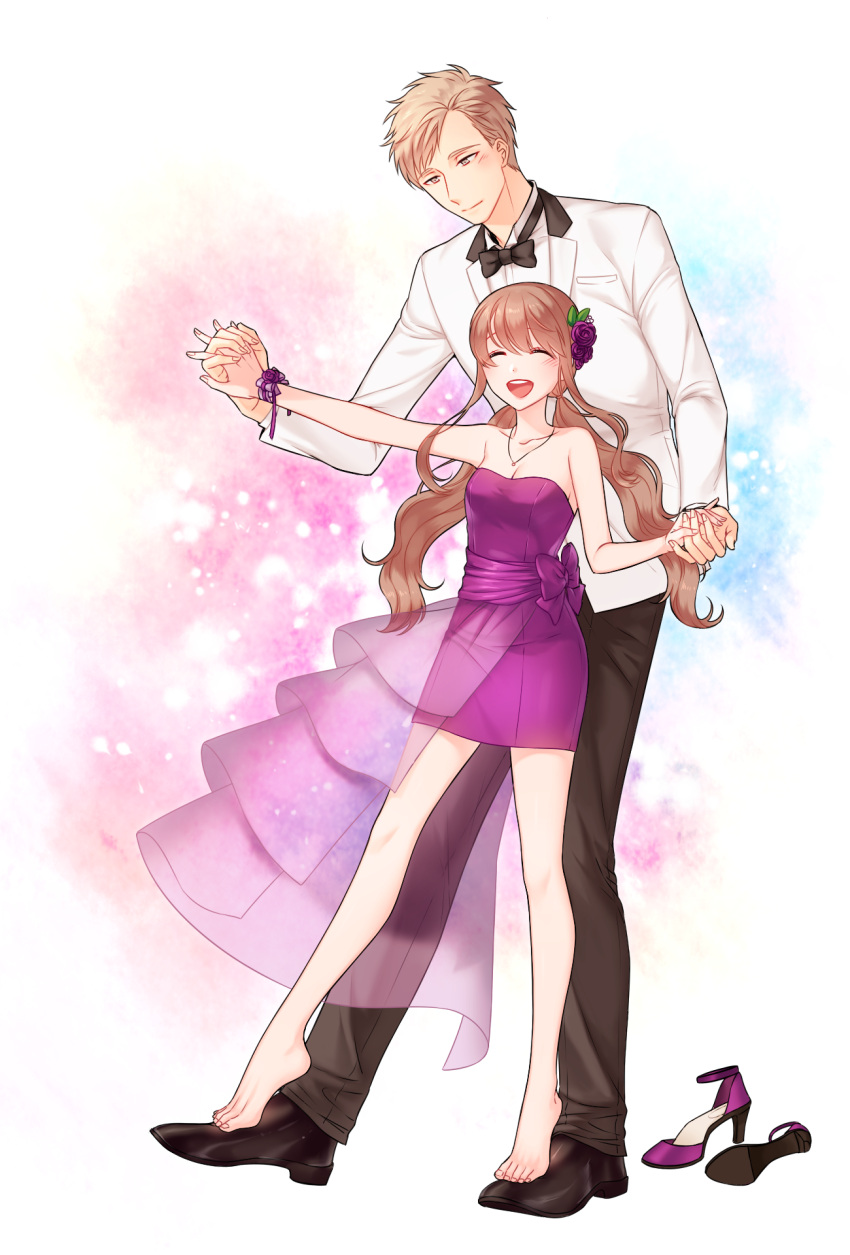 1boy 1girl :d bare_shoulders barefoot black_footwear black_neckwear black_pants blush bow bowtie breasts brown_eyes dancing dress flower hair_flower hair_ornament hand_holding hetero high_heels highres hsmoji jewelry light_brown_hair long_hair necklace open_mouth original pants purple_bow purple_dress purple_footwear shirt shoes_removed simple_background small_breasts smile twintails white_shirt