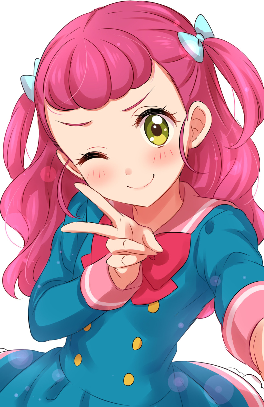 1girl ;) absurdres aikatsu!_(series) aikatsu_friends! blush bow bowtie close-up commentary_request dress green_eyes hair_bow highres lens_flare long_hair older one_eye_closed pink_hair reaching_out sailor_collar school_uniform sekina self_shot short_twintails simple_background smile solo star_harmony_academy_uniform taking_picture teenage twintails upper_body v white_background yuuki_momone