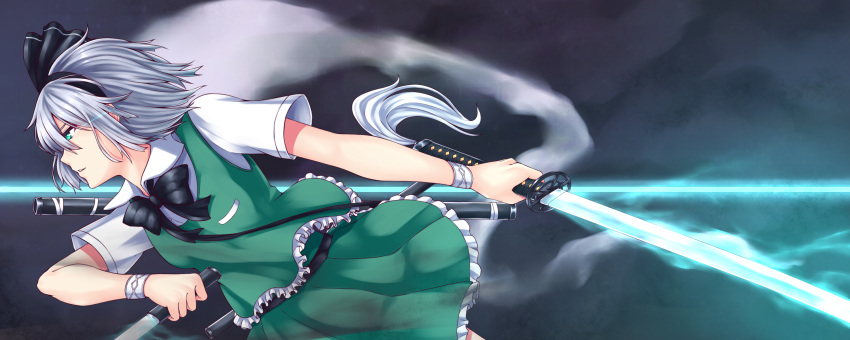 1girl black_bow black_hairband bow bowtie dual_wielding frilled_shirt frilled_skirt frills from_side green_eyes hair_between_eyes hairband highres holding holding_sword holding_weapon katana konpaku_youmu konpaku_youmu_(ghost) miniskirt pleated_skirt shirt short_hair short_sleeves silver_hair skirt solo sword touhou weapon zeramu