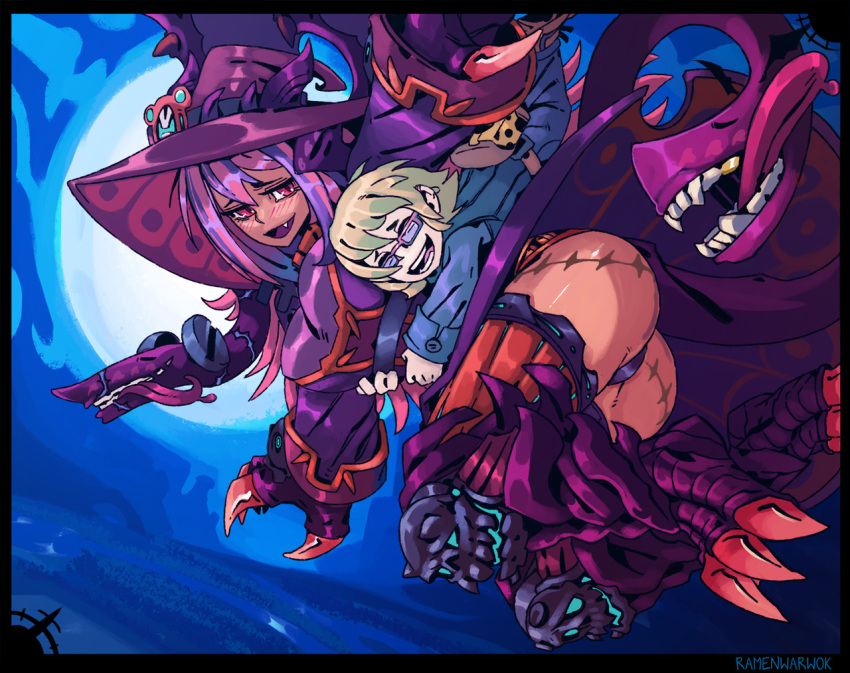 1boy 1girl :d ass blonde_hair blush claws commentary commission commissioner_insert dark_skin dragon_horns dragon_tail dragon_wings english_commentary flying full_moon glasses halloween hat head_fins horns horns_through_headwear hug hug_from_behind jabberwock_(monster_girl_encyclopedia) monster_girl monster_girl_encyclopedia moon open_mouth outdoors panties purple_hat purple_panties ramenwarwok red_eyes scar smile tail tentacle underwear wings witch witch_hat