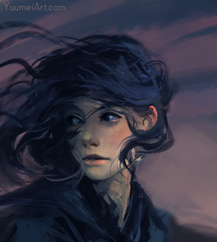1girl black_eyes black_hair commentary english_commentary floating_hair highres looking_to_the_side original parted_lips portrait sketch smile speedpaint watermark web_address wenqing_yan