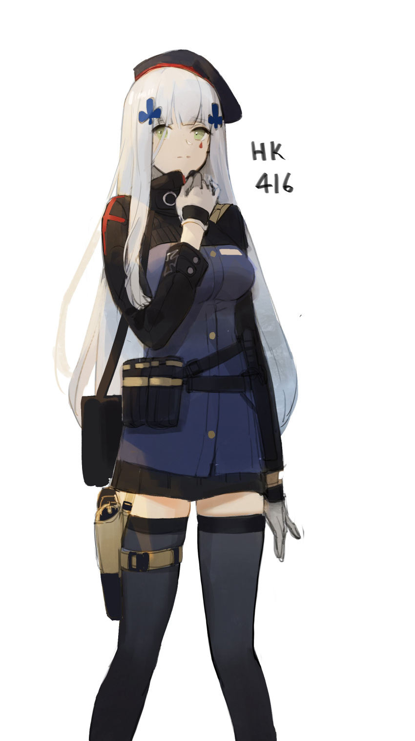 1girl absurdres ammunition_pouch bag bangs beret black_legwear blunt_bangs breasts character_name closed_mouth dokshuri eyebrows_visible_through_hair facial_mark feet_out_of_frame girls_frontline gloves green_eyes grey_gloves gun hair_ornament hair_over_one_eye hand_on_own_chest handgun hat highres hk416_(girls_frontline) holster holstered_weapon iron_cross long_hair long_sleeves looking_at_viewer medium_breasts miniskirt pouch shoulder_bag simple_background skirt solo standing straight_hair teardrop thigh-highs thigh_holster weapon white_background white_hair zettai_ryouiki