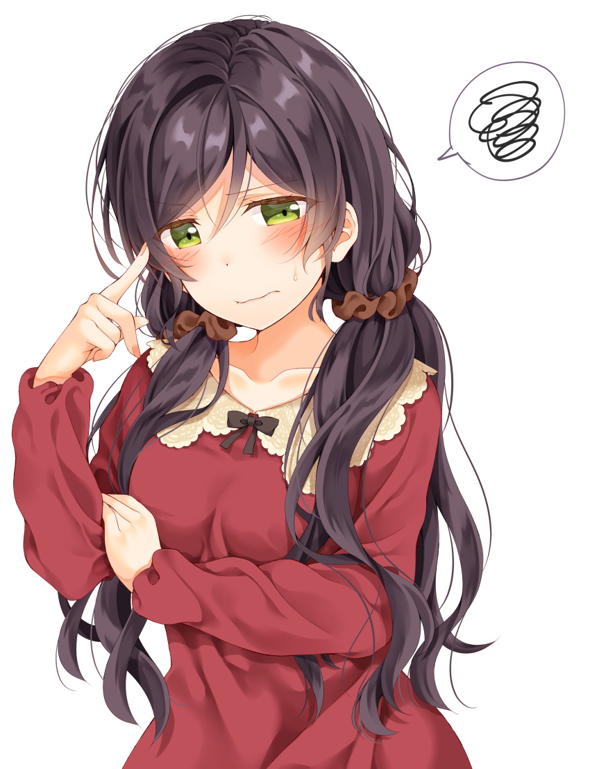 1girl absurdres black_neckwear blush brown_scrunchie collarbone finger_to_head green_eyes hair_ornament hair_scrunchie hand_on_own_arm highres long_hair long_sleeves love_live! love_live!_school_idol_project mogu_(au1127) neck_ribbon purple_hair red_shirt ribbon scrunchie shirt simple_background solo spoken_squiggle squiggle sweatdrop toujou_nozomi twintails upper_body wavy_mouth white_background