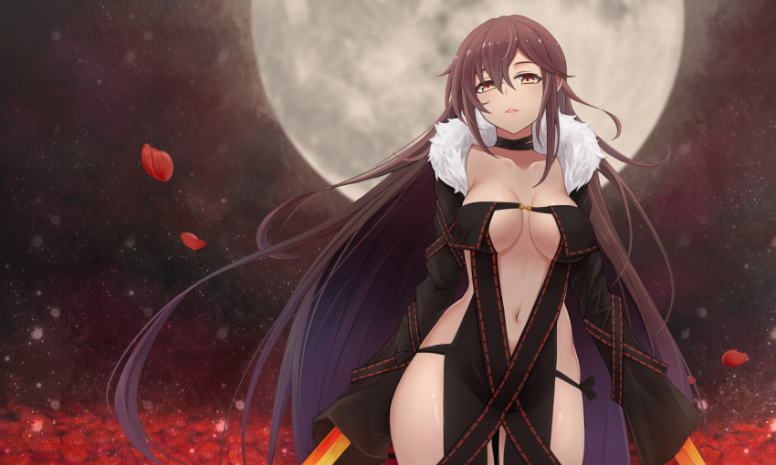 1girl absurdres bangs black_choker black_dress blurry blurry_background breasts breasts_apart brown_eyes brown_hair choker collarbone consort_yu_(fate) contrapposto cowboy_shot dress fate/grand_order fate_(series) fur-trimmed_jacket fur_trim highres holding holding_weapon jacket long_hair long_sleeves looking_at_viewer moon navel negative_space night no_panties parted_lips petals qiye_luoying sidelocks solo standing sword thighs weapon wide_sleeves