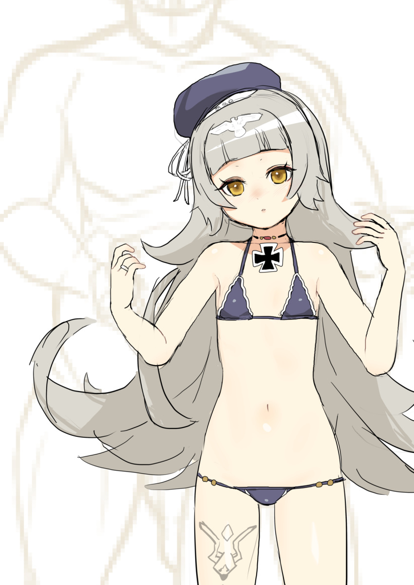 1girl azur_lane bangs bare_arms bare_shoulders bikini blunt_bangs character_request choker cowboy_shot flat_chest grey_hair hands_up hat head_tilt highres iron_cross jewelry long_hair looking_at_viewer nezuko parted_lips purple_bikini purple_hat ring solo standing swimsuit very_long_hair wedding_band yellow_eyes