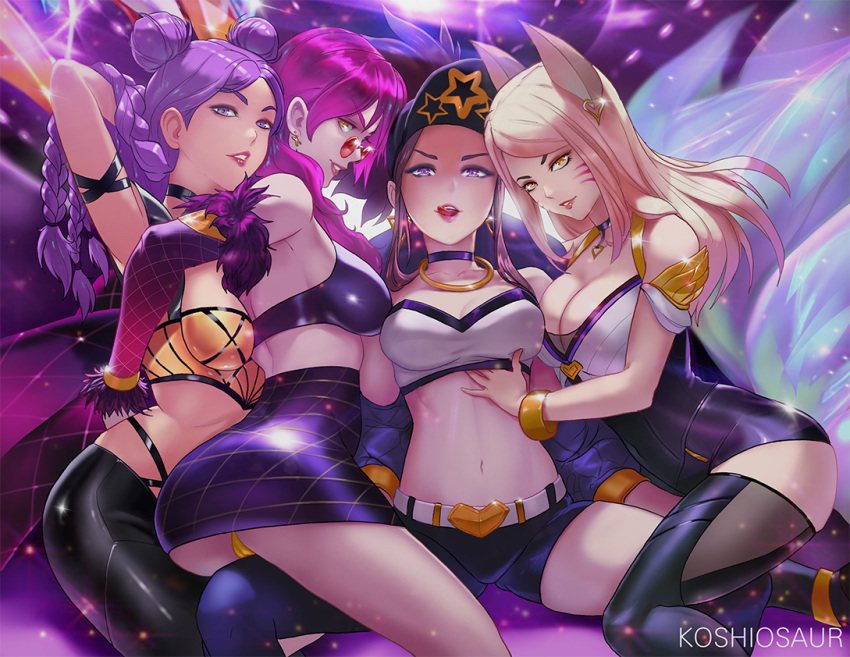 4girls ahri akali animal_ears artist_name asymmetrical_legwear bangle bare_shoulders baseball_cap belt black_legwear blonde_hair bracelet braid breasts brown_hair choker cleavage detached_sleeves double_bun evelynn fox_ears fox_tail fur_trim hat heart heart_choker high-waist_skirt idol jewelry k/da_(league_of_legends) k/da_ahri k/da_akali k/da_evelynn k/da_kai'sa kai'sa koshio large_breasts league_of_legends licking_lips lipstick looking_at_viewer makeup medium_breasts midriff multiple_girls naughty_face navel panties parted_lips ponytail purple_hair skirt smile spread_legs sunglasses tail tongue tongue_out twin_braids underwear violet_eyes whisker_markings yellow_eyes yellow_panties