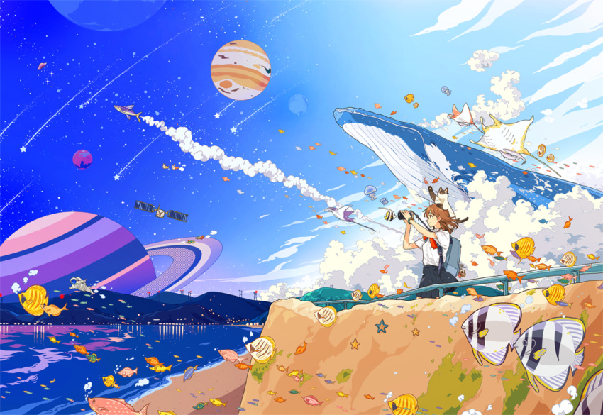 1girl animal animal_on_head backpack bag blue_skirt blue_sky bow bowtie brown_hair camera cat cat_on_head closed_mouth clouds commentary_request day fantasy fish flying_fish from_side jellyfish jupiter keishin manta_ray ocean on_head original outdoors planet pleated_skirt railing red_neckwear saturn school_uniform shooting_star short_hair skirt sky smile solo standing star_(sky) starry_sky tropical_fish waves whale
