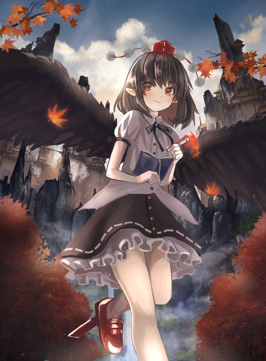 1girl architecture arms_up autumn_leaves bangs bird_wings black_hair black_neckwear black_skirt blue_sky blush clouds commentary_request day east_asian_architecture feathered_wings folded_leg geta hair_between_eyes hat highres holding holding_pen landscape leaf looking_at_viewer maachi_(fsam4547) maple_leaf notebook outdoors pen petticoat pointy_ears puffy_short_sleeves puffy_sleeves red_eyes ribbon shameimaru_aya shirt short_hair short_sleeves skirt sky smile solo standing standing_on_one_leg tengu-geta tokin_hat touhou tree untucked_shirt water waterfall white_shirt wings