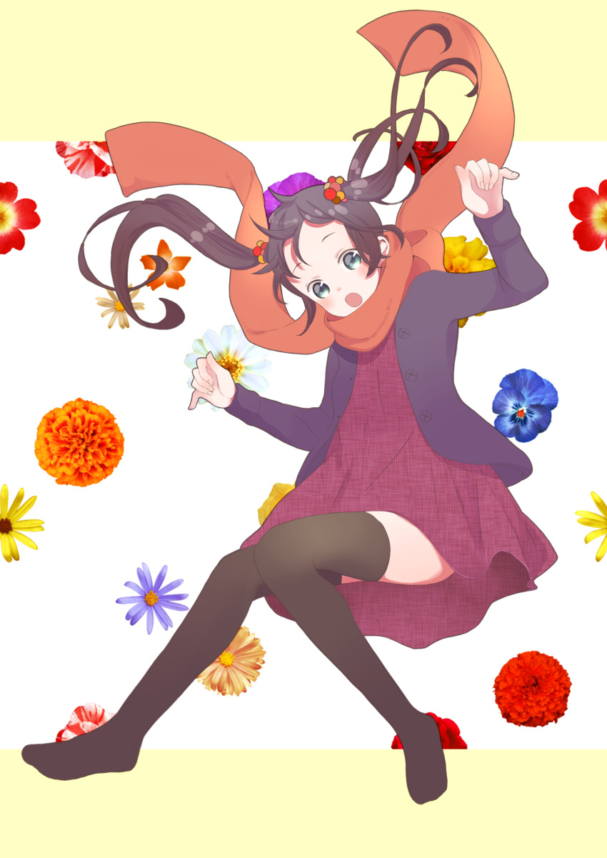 1girl :o absurdres arm_up bangs beige_background blue_eyes blue_flower blush brown_hair brown_legwear commentary_request dress fingernails flower forehead full_body hair_ornament hand_up highres hiroshi_(jasinloki) jacket long_hair long_sleeves looking_at_viewer no_shoes open_clothes open_jacket open_mouth orange_scarf original purple_flower purple_jacket red_dress red_flower red_rose rose scarf solo thigh-highs twintails two-tone_background unmoving_pattern very_long_hair white_background white_flower yellow_flower