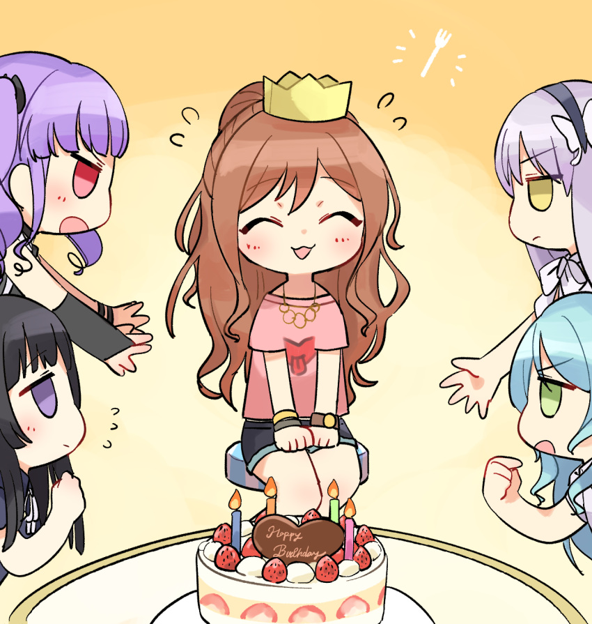 5girls :3 :d ^_^ aqua_hair bang_dream! bangs bd_ayknn birthday_cake black_hair blush bracelet brown_hair cake closed_eyes closed_eyes crown flying_sweatdrops food fork frown green_eyes half_updo happy_birthday highres hikawa_sayo imai_lisa jewelry jitome lavender_hair long_hair minato_yukina miniskirt multiple_girls necklace open_mouth pink_shirt pointing pointing_at_self purple_hair red_eyes roselia_(bang_dream!) shirokane_rinko shirt short_sleeves single_arm_warmer sitting skirt smile t-shirt twintails udagawa_ako v-shaped_eyebrows violet_eyes watch watch yellow_eyes