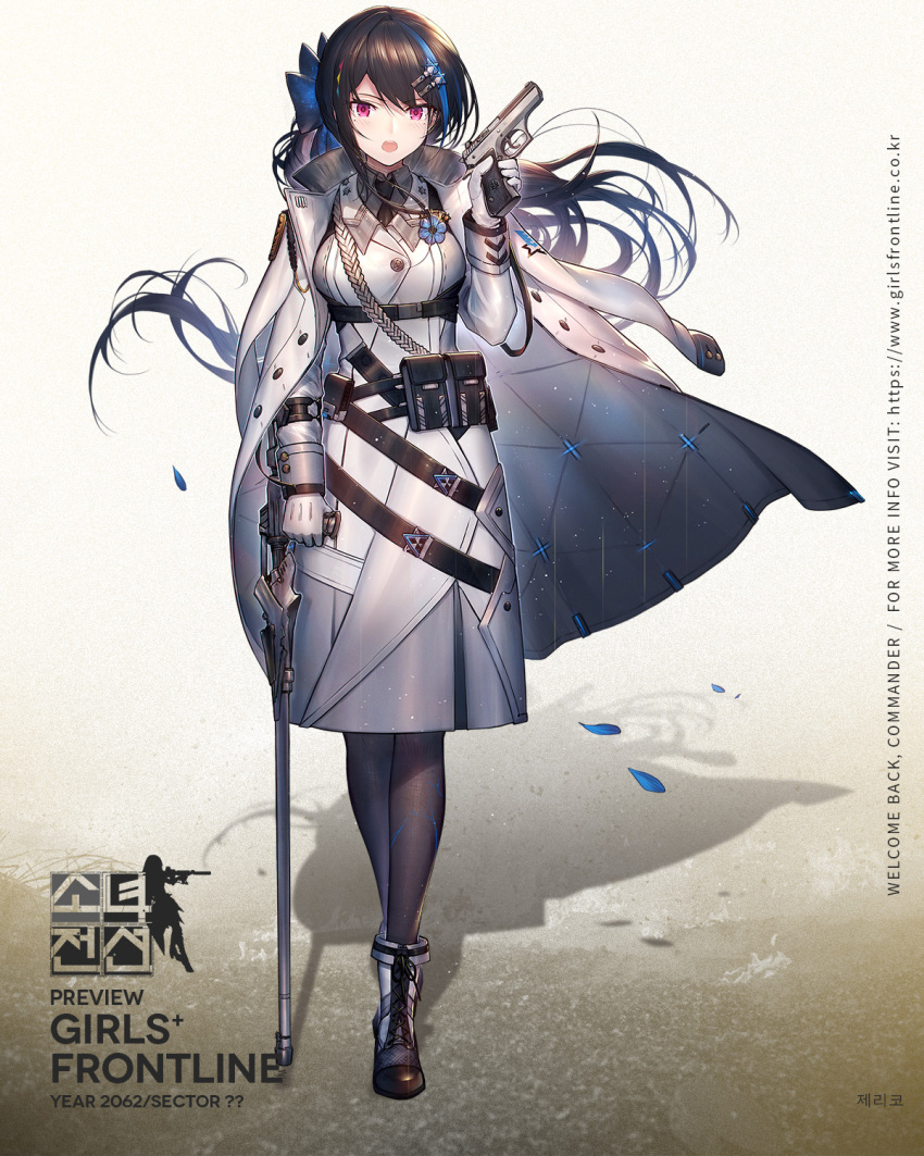 1girl aiguillette badge bangs black_hair black_legwear black_neckwear blue_bow blue_hair blush boots bow breasts buttons character_name coat collared_shirt copyright_name cross-laced_footwear crossed_legs crutch dress eyebrows_visible_through_hair floating_hair full_body girls_frontline gloves grey_shirt gun hair_bow hair_ornament hairclip handgun heiwari_kanade hexagram highres holding holding_gun holding_weapon imi_jericho jacket jacket_on_shoulders jericho_(girls_frontline) lace-up_boots legs_crossed light_particles long_hair long_sleeves looking_at_viewer mole mole_under_eye multicolored_hair multiple_straps necktie official_art open_clothes open_coat open_mouth pantyhose petals pistol pouch shirt sidelocks snap-fit_buckle solo star star_of_david streaked_hair trigger_discipline very_long_hair violet_eyes watson_cross weapon white_coat white_dress white_gloves wind wind_lift