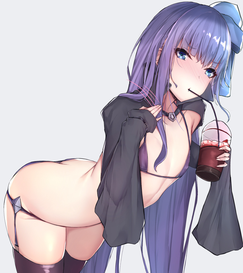 1girl bikini black_coat blue_eyes blue_ribbon breasts butt_crack fate/extra fate/extra_ccc fate_(series) highres long_hair meltlilith micro_bikini ribbon sherryqq simple_background small_breasts soda swimsuit tagme
