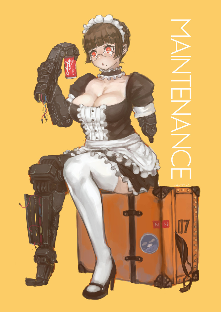 1girl amputee apron bangs black_bra black_footwear blunt_bangs bra breasts brown_hair can choker cleavage coca-cola cyborg english formal frilled_choker frills high_heels highres knees_together_feet_apart kuon_(kwonchanji) large_breasts maid maid_headdress mechanical_arms mechanical_leg mole mole_under_mouth original puffy_sleeves red_eyes short_hair single_thighhigh sitting soda_can solo suit thigh-highs triple_amputee underwear very_short_hair waist_apron white_legwear wire yellow_background