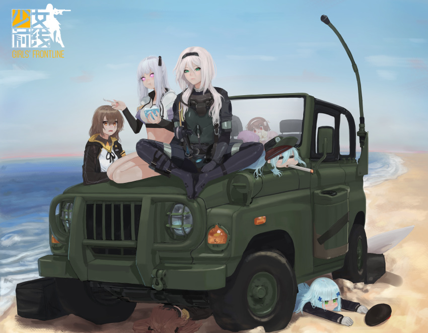 404_(girls_frontline) 6+girls absurdres ak-12_(girls_frontline) alternate_costume an-94_(girls_frontline) armband bangs beach beret bikini black_bow black_hat black_jacket black_ribbon blue_eyes blunt_bangs blush bow braid breasts brown_eyes brown_hair car character_request cigarette closed_eyes closed_mouth crossed_bangs diving_mask_removed diving_suit eating eyebrows_visible_through_hair fingerless_gloves food french_braid g11_(girls_frontline) girls_frontline gloves glowing glowing_eyes green_eyes green_hat green_jacket ground_vehicle hair_between_eyes hair_ornament hairclip hat highres hk416_(girls_frontline) hood hood_down hooded_jacket huge_filesize ice_cream j3j0j1 jacket logo long_hair long_sleeves looking_at_another looking_at_viewer lying medium_breasts messy_hair motor_vehicle multiple_girls on_back on_stomach one_side_up open_clothes open_jacket open_mouth personification pout ribbon sand scar scar_across_eye scarf_on_head shirt shoulder_cutout sidelocks silver_hair simple_background sitting sitting_on_object smile swimsuit ump45_(girls_frontline) ump9_(girls_frontline) very_long_hair violet_eyes white_hair white_shirt