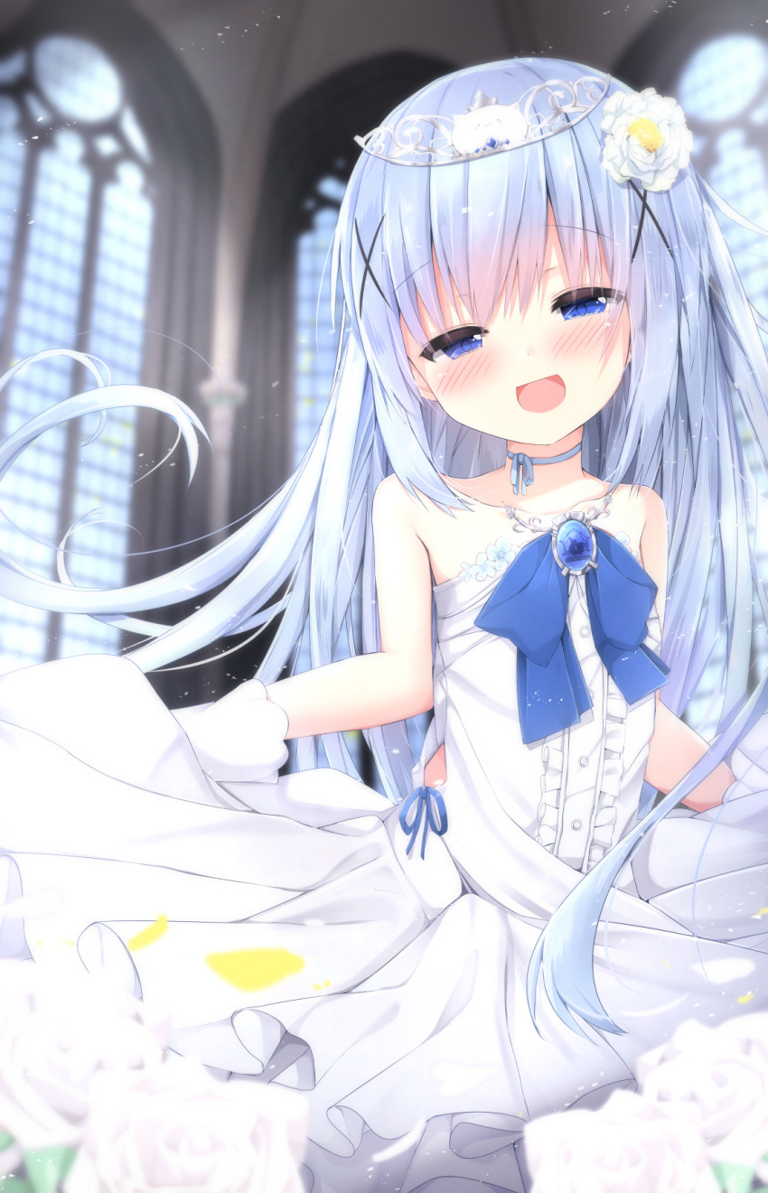 1girl :d bangs bare_shoulders blue_bow blue_eyes blue_hair blue_ribbon blurry blurry_background blush bow brooch center_frills church_interior collarbone commentary_request depth_of_field dress eyebrows_visible_through_hair flower frills gloves gochuumon_wa_usagi_desu_ka? hair_between_eyes hair_flower hair_ornament half-closed_eyes head_tilt highres indoors jewelry kafuu_chino kouda_suzu light_blue_hair long_hair looking_at_viewer neck_ribbon open_mouth ribbon skirt_hold smile solo strapless strapless_dress tiara tippy_(gochiusa) very_long_hair white_dress white_flower white_gloves x_hair_ornament