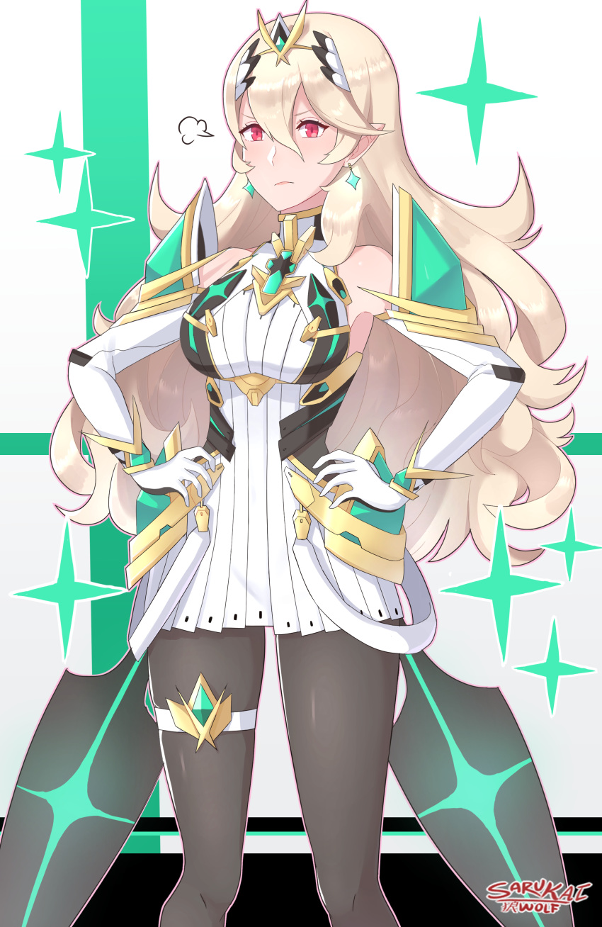 1girl absurdres alternate_costume armor bangs breasts cleavage closed_eyes cosplay earrings female_my_unit_(fire_emblem_if) fire_emblem gem gloves headpiece highres mythra_(xenoblade) mythra_(xenoblade)_(cosplay) jewelry long_hair looking_at_viewer my_unit_(fire_emblem_if) nintendo pantyhose pointy_ears red_eyes sarukaiwolf solo super_smash_bros. super_smash_bros._ultimate white_hair xenoblade xenoblade_(series) xenoblade_2