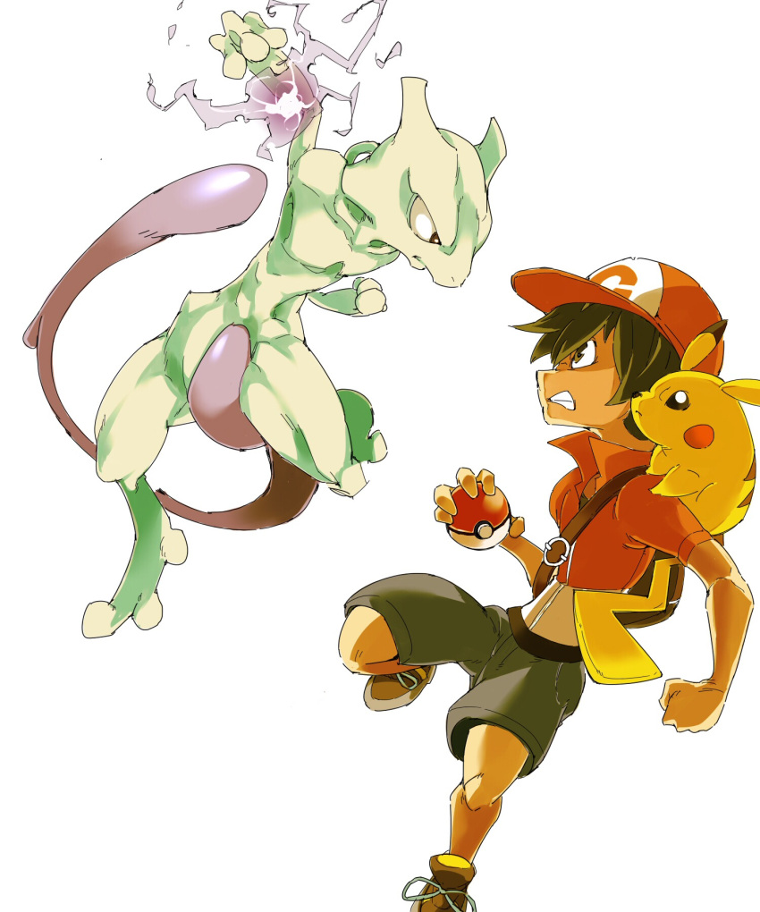 1boy creatures_(company) floating game_freak gen_1_pokemon highres hyou_(hyouga617) kakeru_(pokemon) mewtwo nintendo pikachu pokemon pokemon_(creature) pokemon_(game) pokemon_lgpe